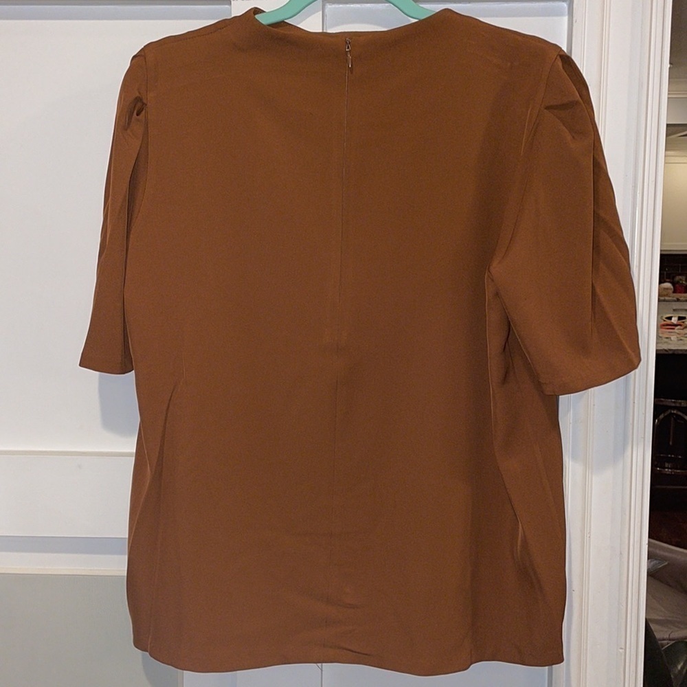 Calvin Klein Solid Crepe De Chine Mock Neck Short Puffed Elbow Sleeve Blouse - Picture 7 of 12